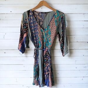 🤑10/$100 Be Bop pink floral patchwork boho bohemian bow tie detail dress XS/S